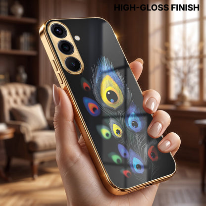Samsung Galaxy A56 5G Premium Peacock Feather Gold Electroplated Glass Phone Back Case