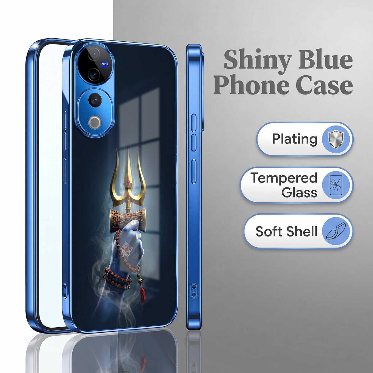 Vivo V40 Pro 5G Divine Shiva Trisul Blue Electroplated Glass Phone Back Case