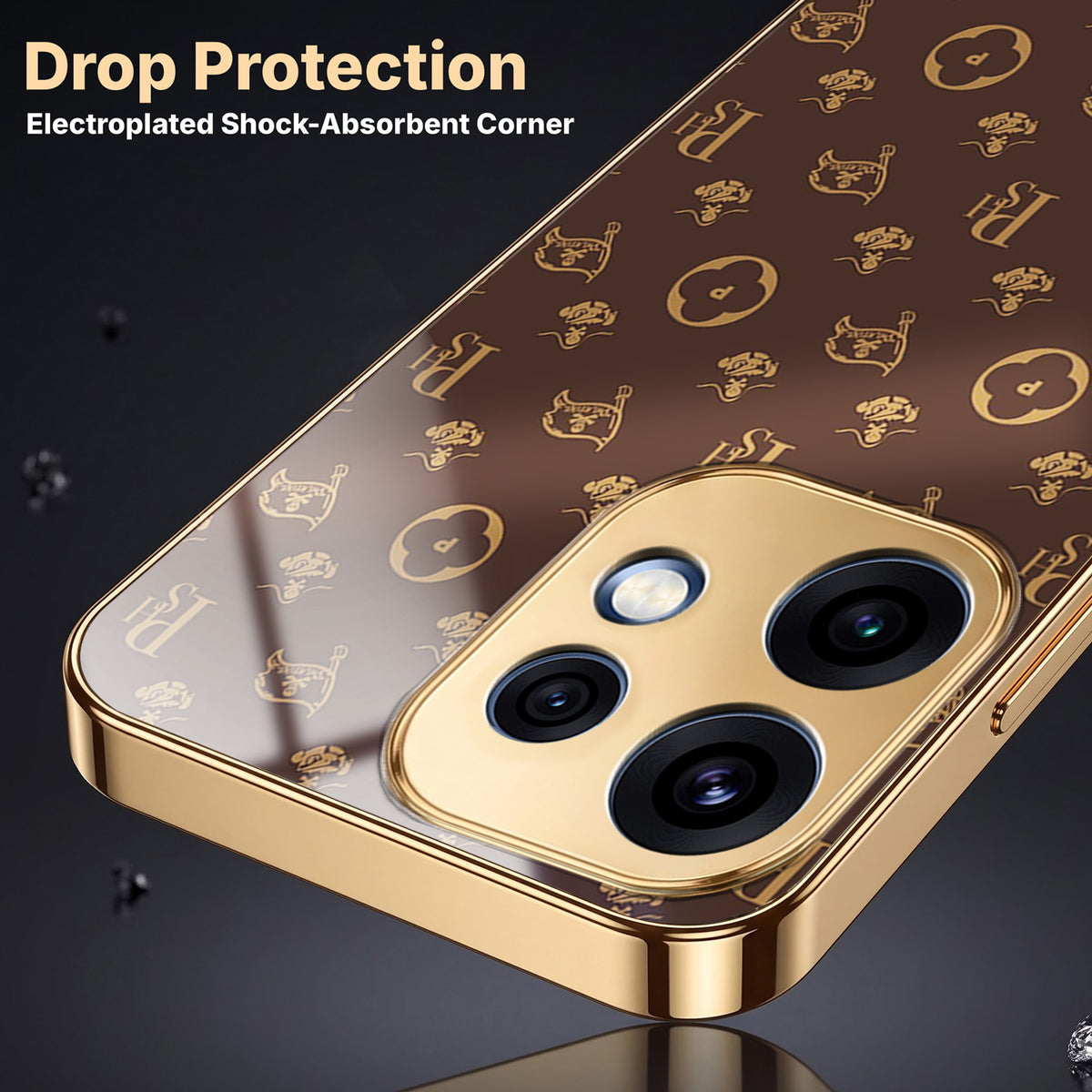 Oppo Reno 16 5G Luxury Monogram Brown Gold Electroplated Glass Phone Back Case