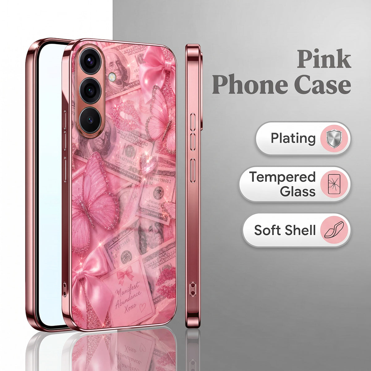 Samsung Galaxy A36 5G Luxury Dollar Butterfly Pink Electroplated Glass Phone Back Case