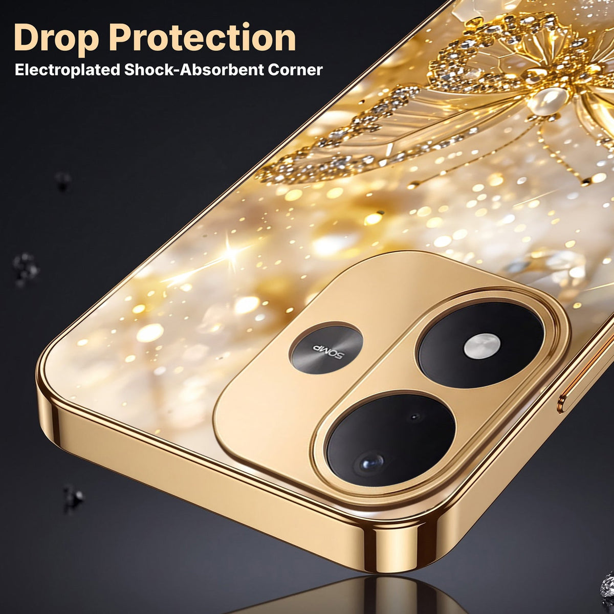 Redmi Note 17 5G Golden Butterfly Gold Electroplated Glass Phone Back Case