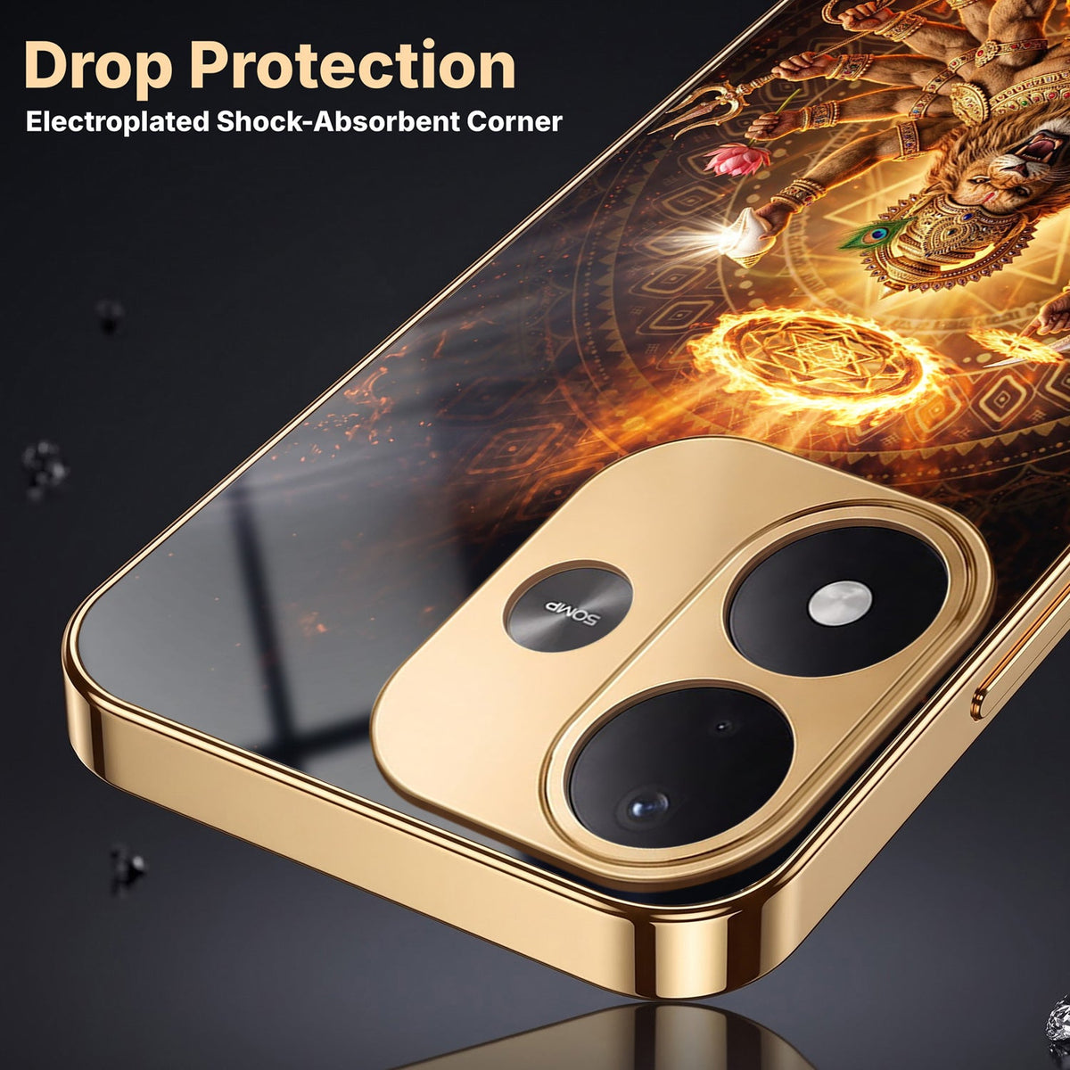 Redmi Note 17 5G Lord Narasimha Gold Electroplated Glass Phone Back Case
