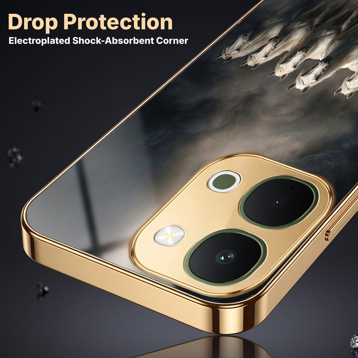 Vivo T5x 5G Running Horses Gold Electroplated Glass Phone Back Case