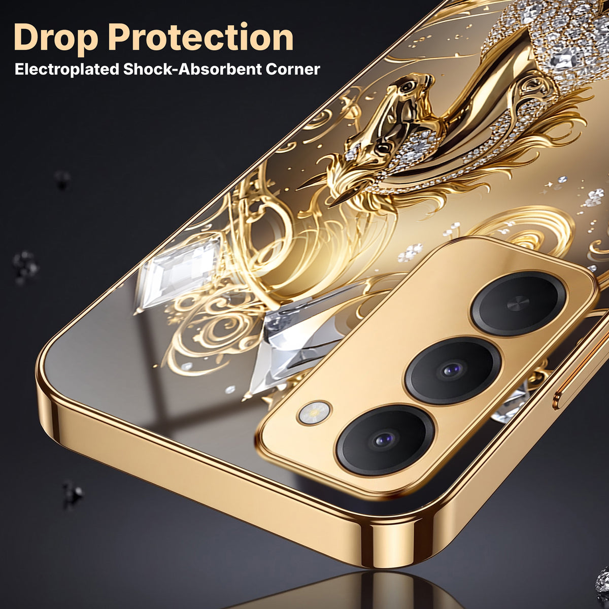 Redmi 15 5G Luxury Horse Texture Gold Electroplated Glass Phone Back Case