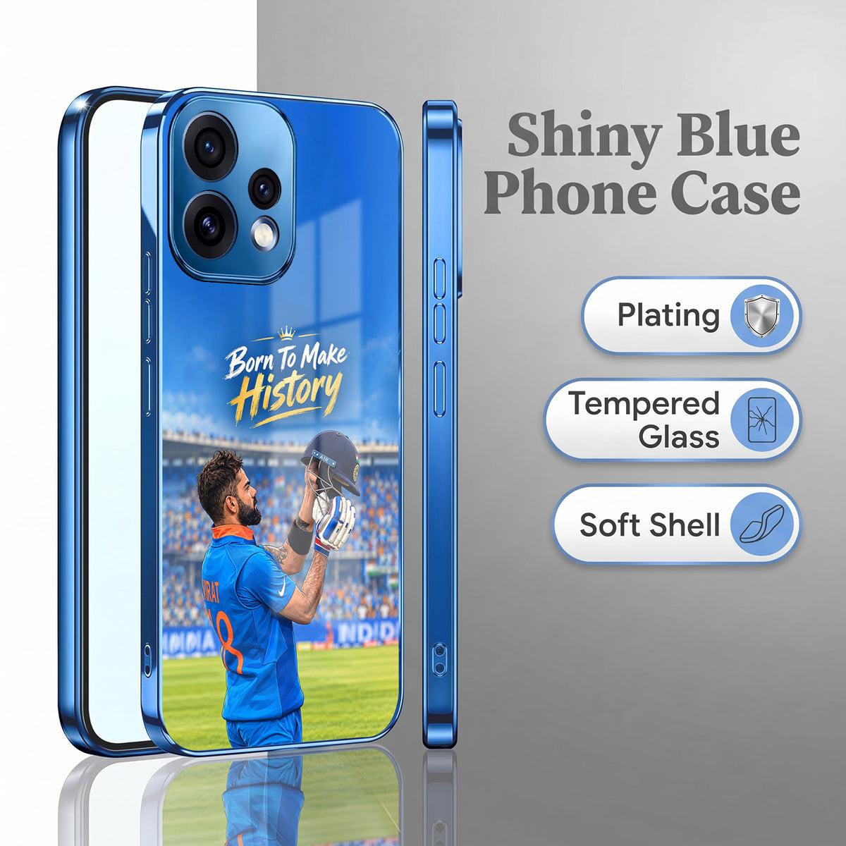 Oppo Reno 15 5G Born TO Make History Blue Electroplated Glass Phone Back Case