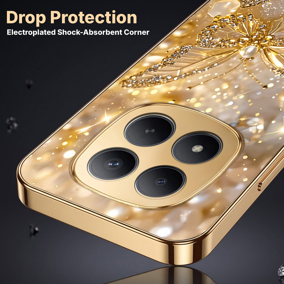 Redmi Note 15 Pro+ 5G Golden Butterfly Gold Electroplated Glass Phone Back Case