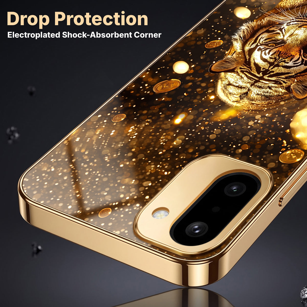 OnePlus 15R 5G Luxury Tiger Gold Electroplated Glass Phone Back Case