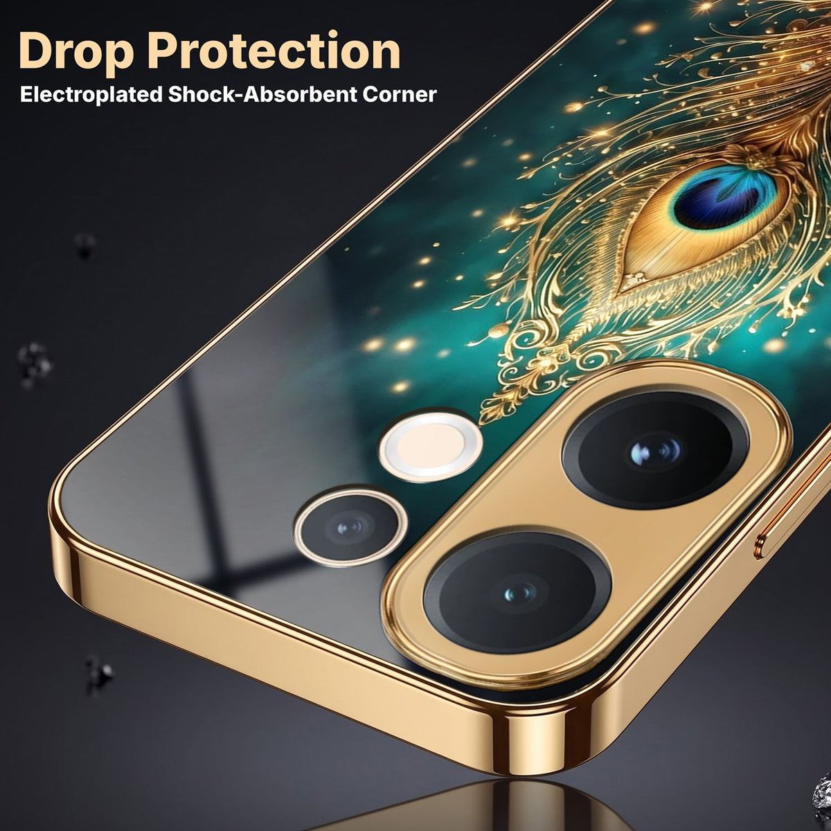 Vivo V60 5G Golden Peacock Feather Gold Electroplated Glass Phone Back Case