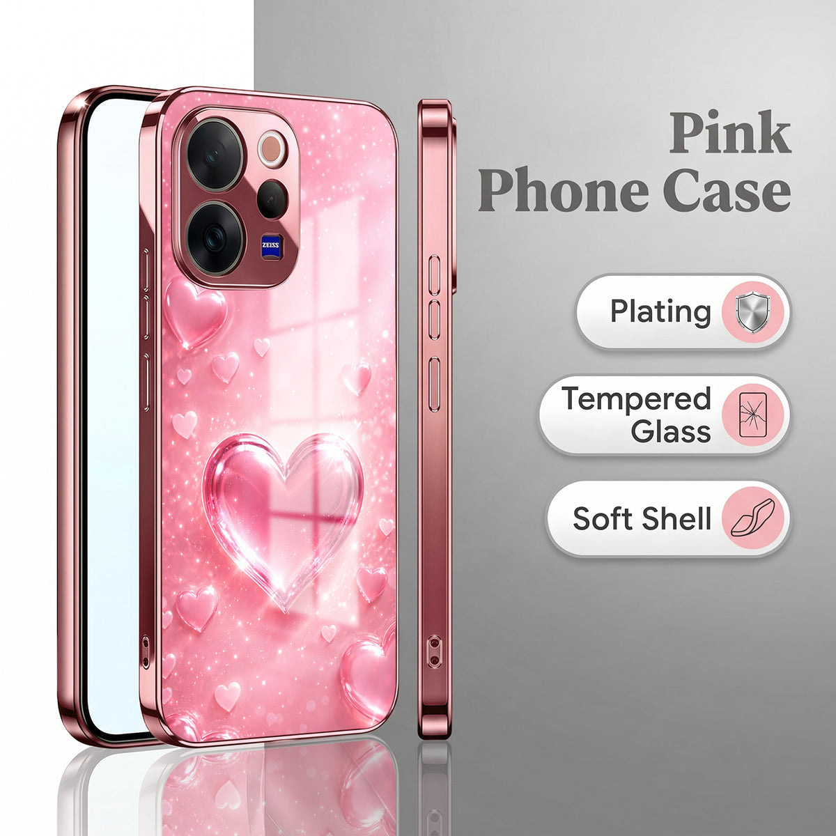 Vivo V70 5G Luxury 3D Jelly Heart Pink Electroplated Glass Phone Back Case