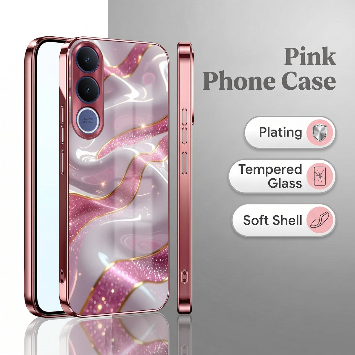 Vivo V70 FE 5G Pearl Marble Pink Electroplated Glass Phone Back Case