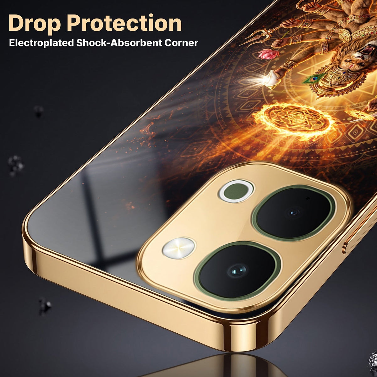 Vivo T5x 5G Lord Narasimha Gold Electroplated Glass Phone Back Case