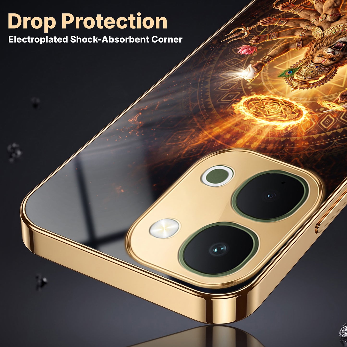 Vivo T5x 5G Lord Narasimha Gold Electroplated Glass Phone Back Case