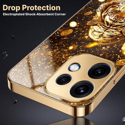 Oppo Reno 16 5G Luxury Tiger Gold Electroplated Glass Phone Back Case