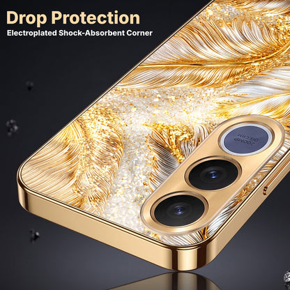 Vivo V70 FE 5G Golden Feather Marble Gold Electroplated Glass Phone Back Case