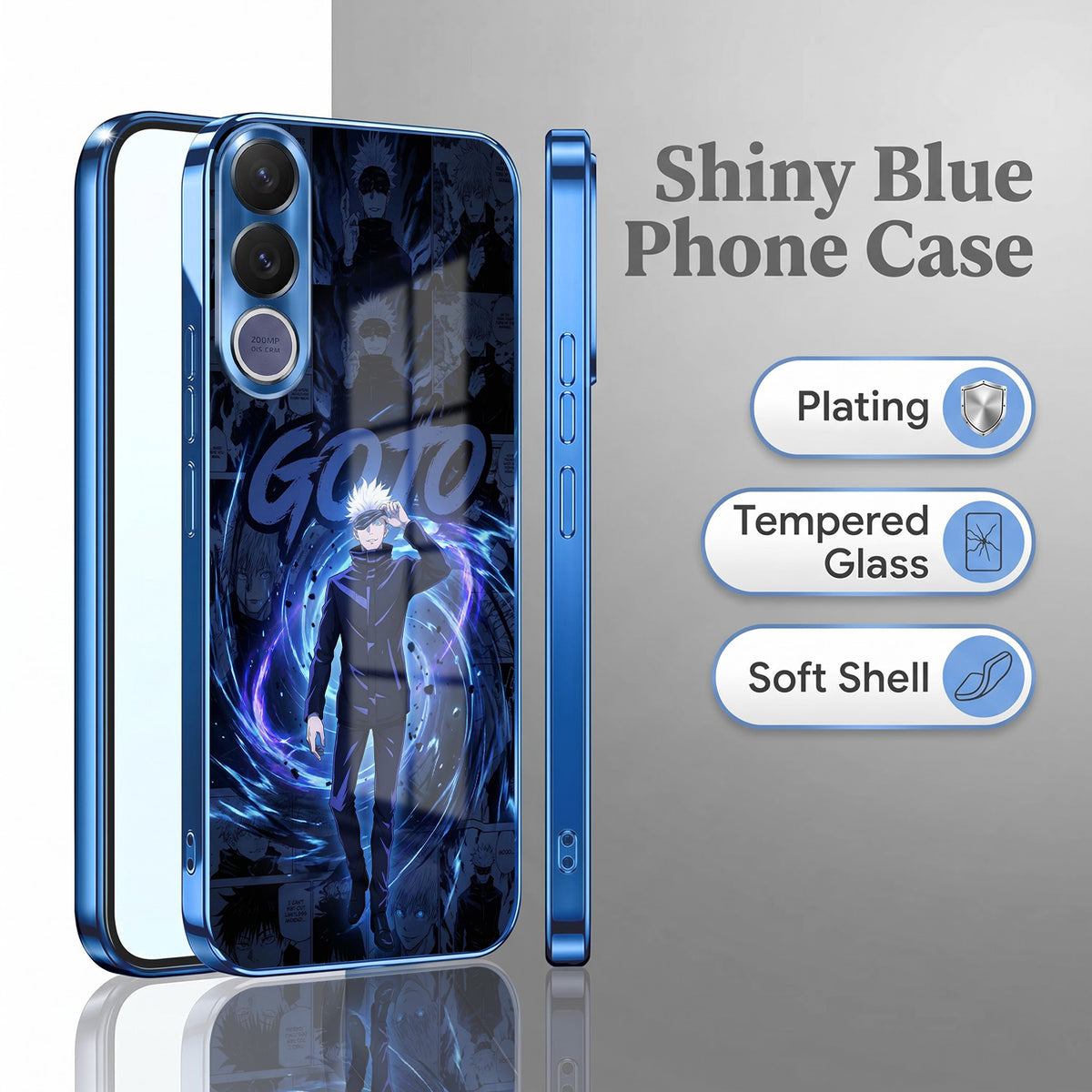 Vivo V70 FE 5G Jujutsu Kaisen Blue Electroplated Glass Phone Back Case
