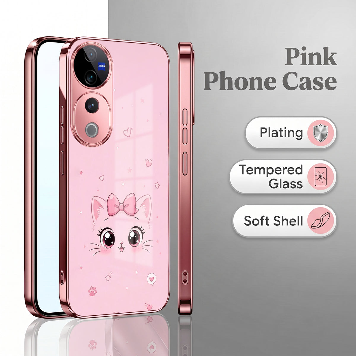 Vivo V40 Pro 5G Luxury Cute Cat Pink Electroplated Glass Phone Back Case
