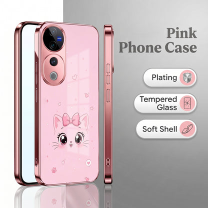 Vivo V40 Pro 5G Luxury Cute Cat Pink Electroplated Glass Phone Back Case