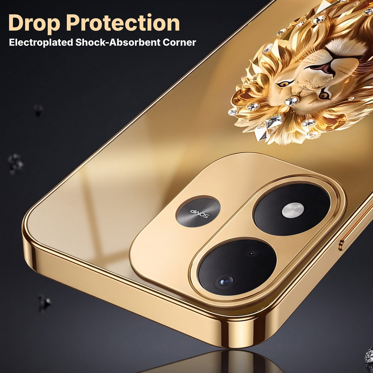 Redmi Note 17 5G Luxury Lion Gold Electroplated Glass Phone Back Case
