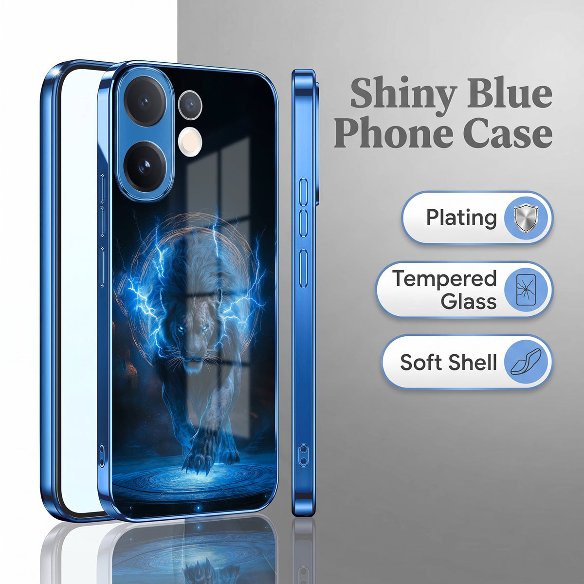 Vivo V60 5G Thunder Titan Lion Blue Electroplated Glass Phone Back Case