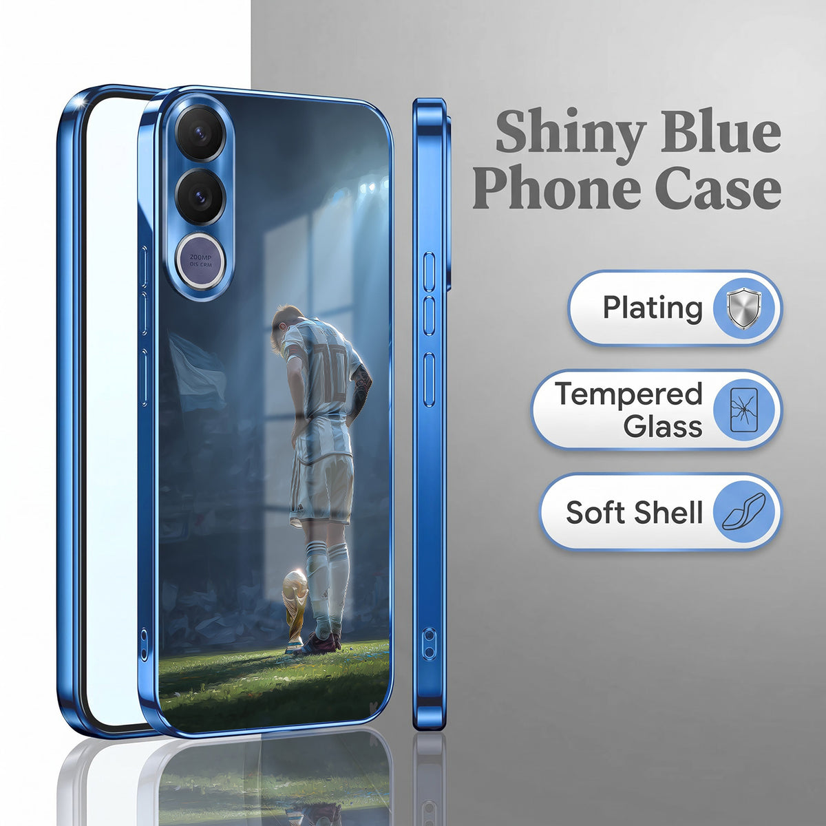 Vivo V70 FE 5G Football Champion Blue Electroplated Glass Phone Back Case