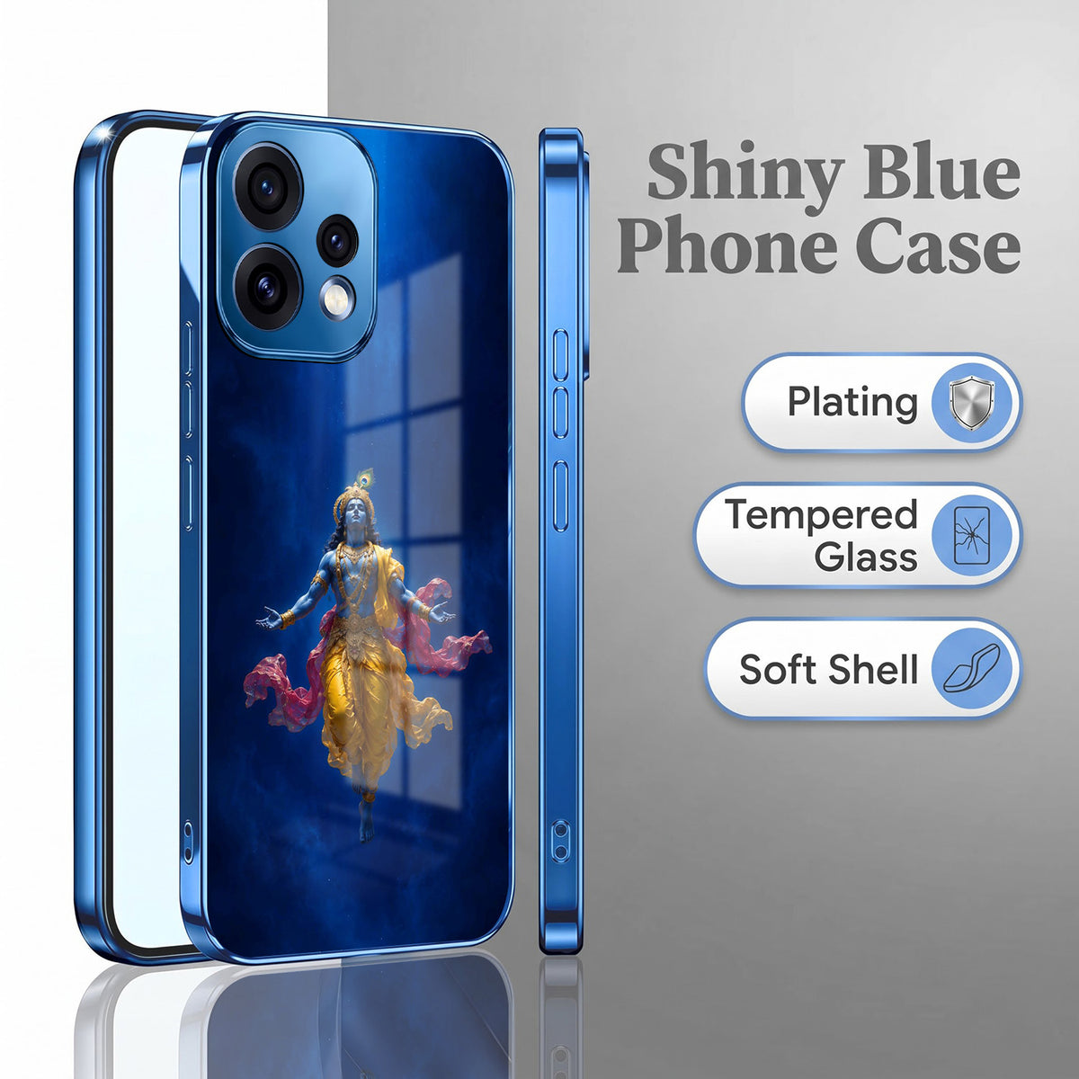 Oppo Reno 15 5G Lord Krishna Blue Electroplated Glass Phone Back Case