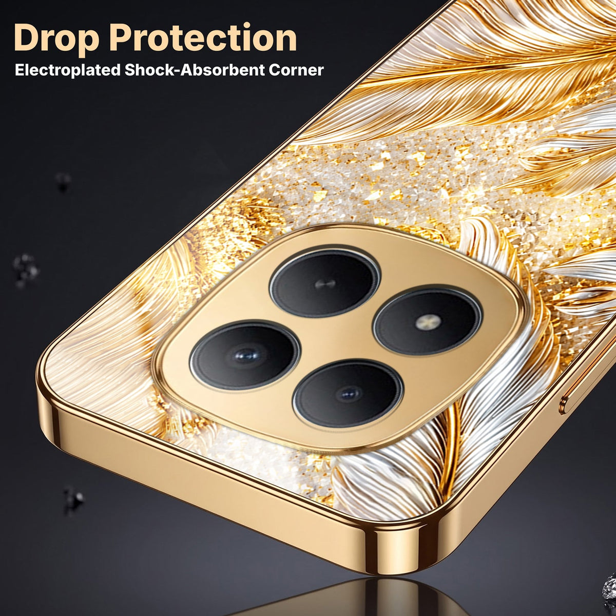 Redmi Note 15 Pro+ 5G Golden Feather Marble Gold Electroplated Glass Phone Back Case