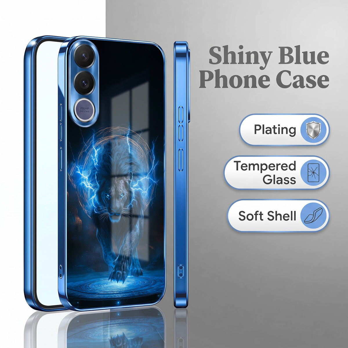 Vivo V70 FE 5G Thunder Titan Lion Blue Electroplated Glass Phone Back Case