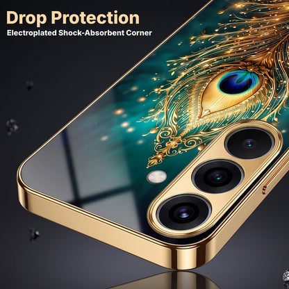 Samsung Galaxy A36 5G Golden Peacock Feather Gold Electroplated Glass Phone Back Case