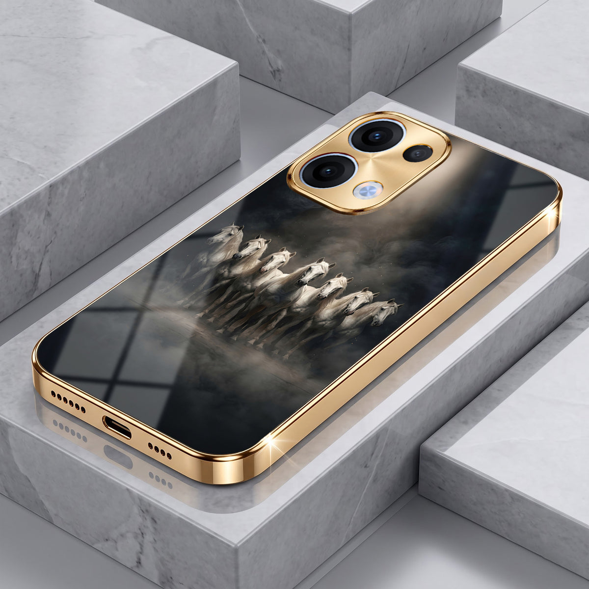 Oppo Reno 13 5G Running Horses Gold Electroplated Glass Phone Back Case