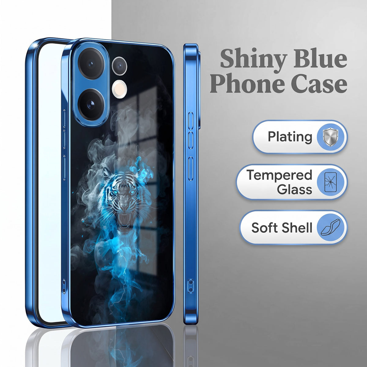Vivo V60 5G Blue Spirit Tiger Blue Electroplated Glass Phone Back Case