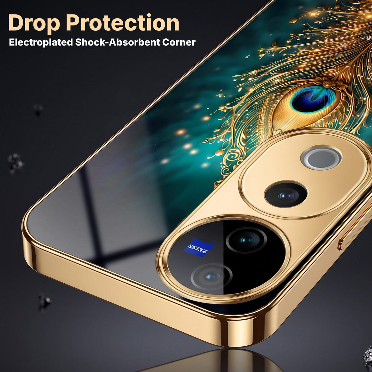 Vivo V40 Pro 5G Golden Peacock Feather Gold Electroplated Glass Phone Back Case