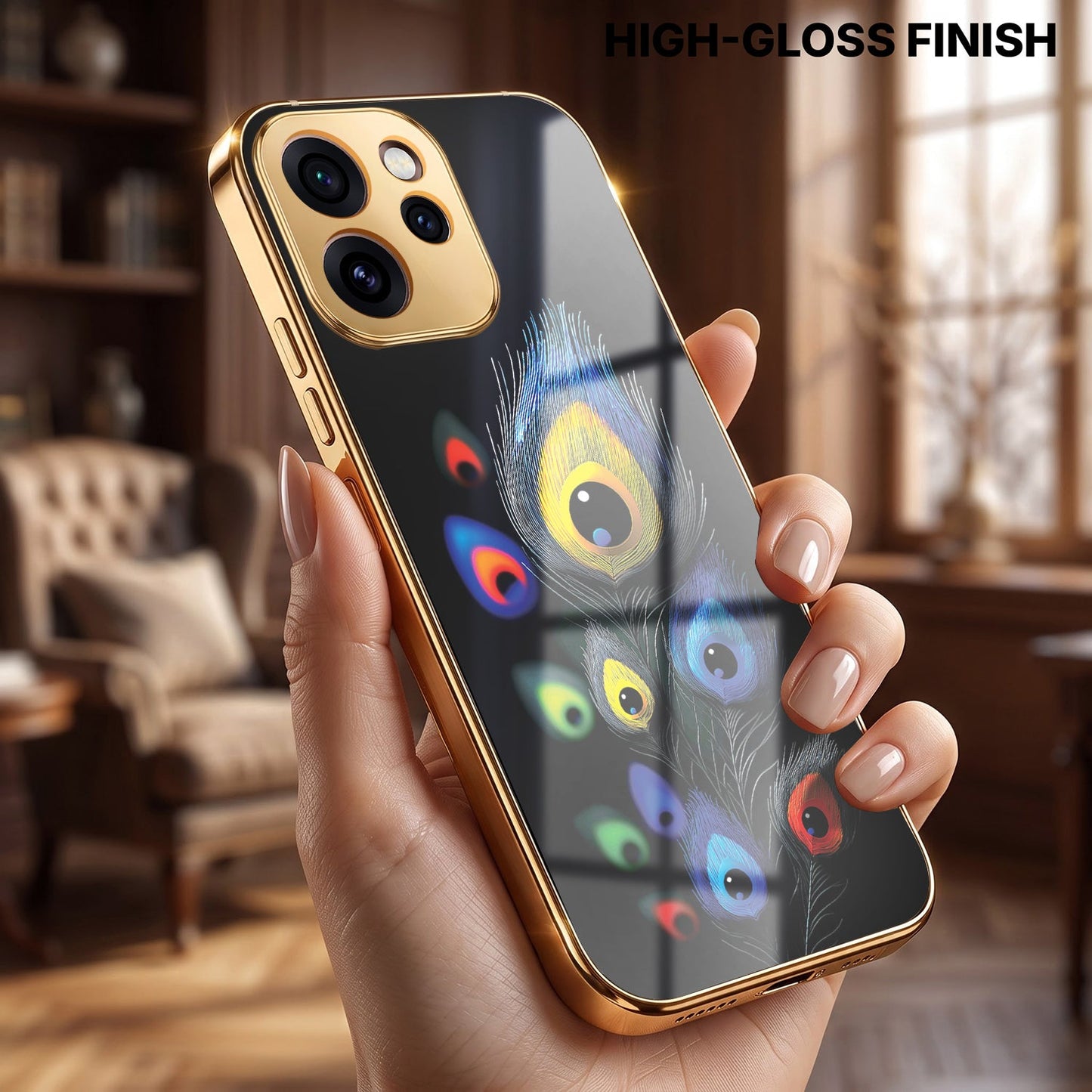 Oppo Reno 15 Pro Mini 5G Premium Peacock Feather Gold Electroplated Glass Phone Back Case