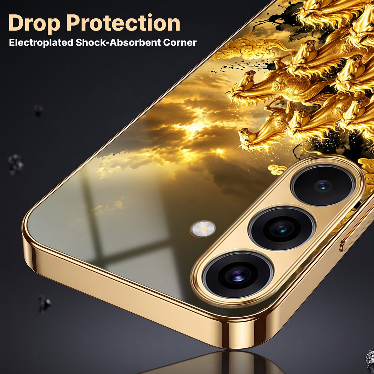 Samsung Galaxy A36 5G Horses Royal Glory Gold Electroplated Glass Phone Back Case