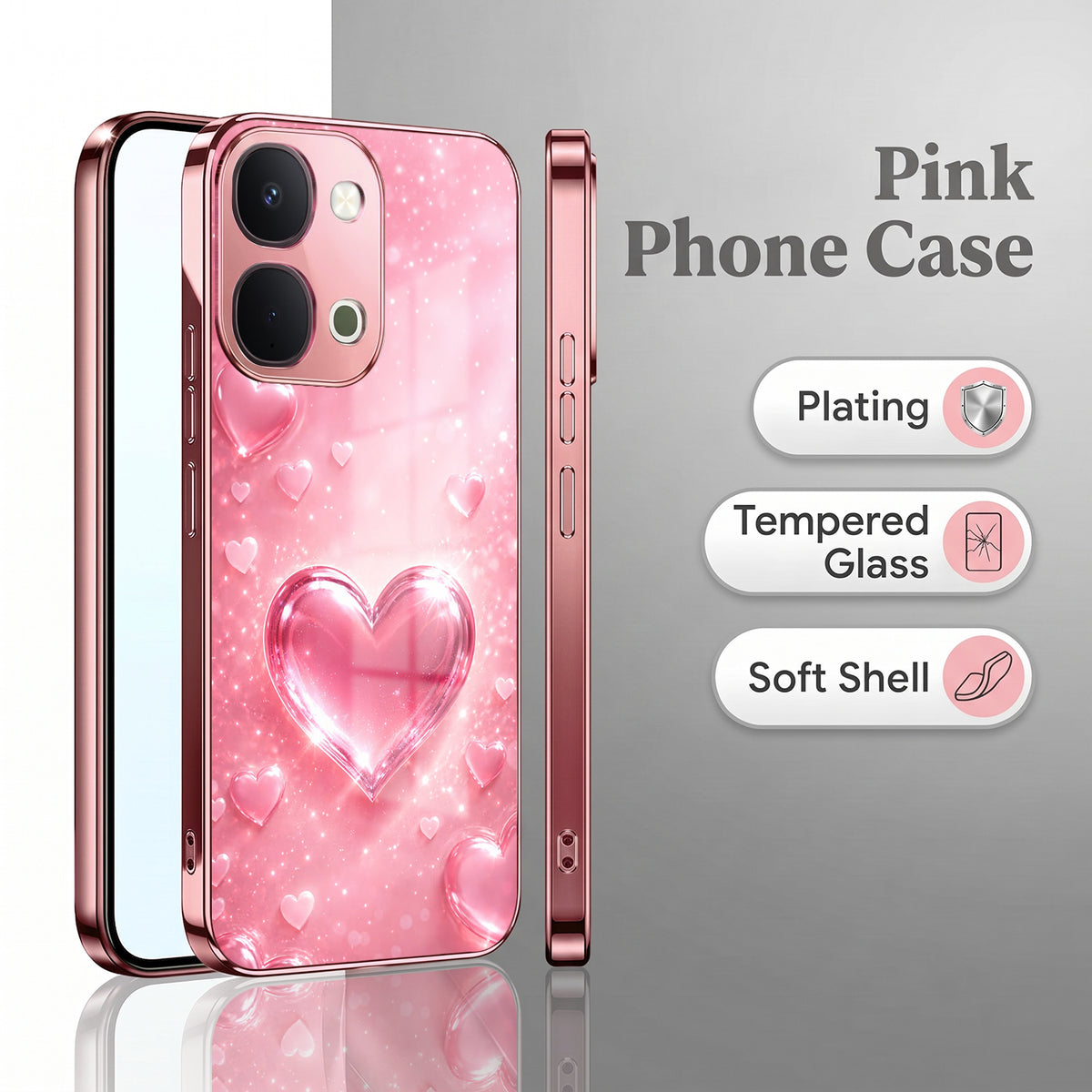 Vivo T5x 5G Luxury 3D Jelly Heart Pink Electroplated Glass Phone Back Case