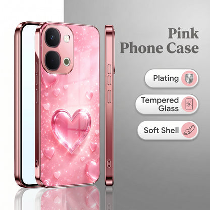 Vivo T5x 5G Luxury 3D Jelly Heart Pink Electroplated Glass Phone Back Case