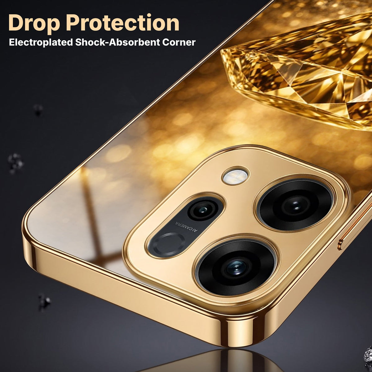 Oppo Reno 14 5G Golden Diamond Gold Electroplated Glass Phone Back Case