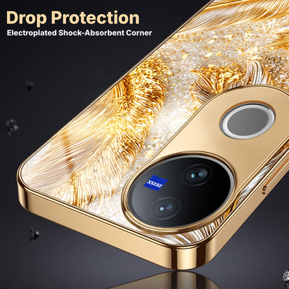 Vivo V50 5G Golden Feather Marble Gold Electroplated Glass Phone Back Case