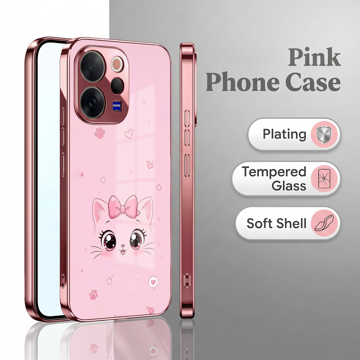 Vivo V70 5G Luxury Cute Cat Pink Electroplated Glass Phone Back Case