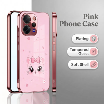 Vivo V70 5G Luxury Cute Cat Pink Electroplated Glass Phone Back Case