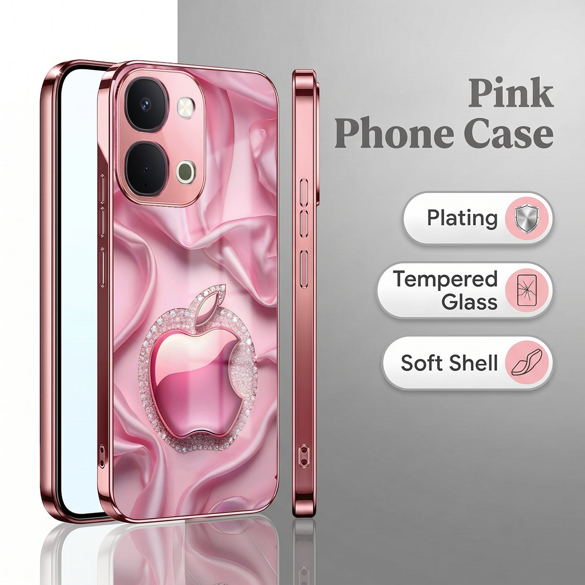 Vivo T5x 5G Luxury Apple Logo Pink Electroplated Glass Phone Back Case