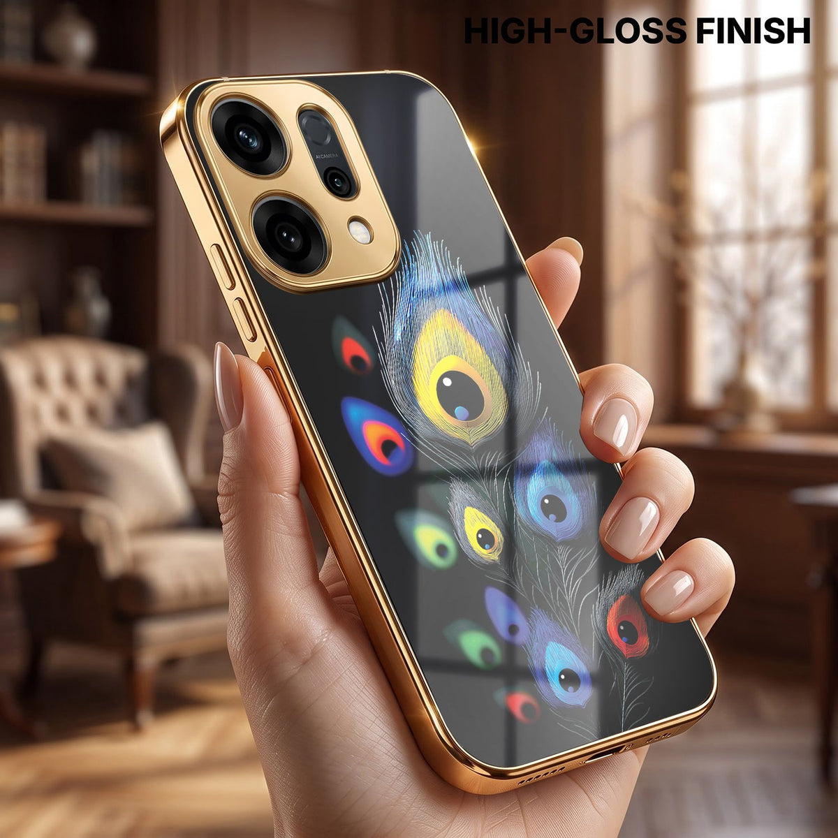 Oppo Reno 14 5G Premium Peacock Feather Gold Electroplated Glass Phone Back Case