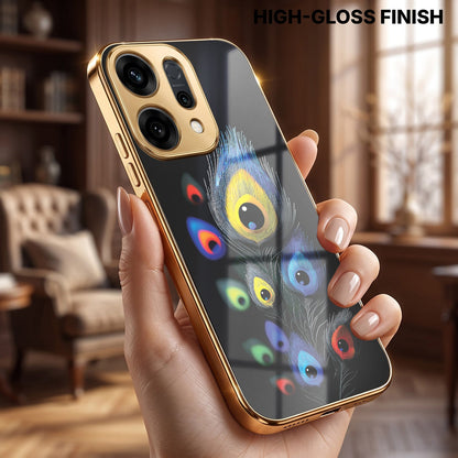 Oppo Reno 14 5G Premium Peacock Feather Gold Electroplated Glass Phone Back Case