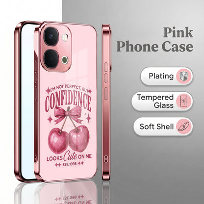 Vivo T5x 5G Luxury Cherry Bow Pink Electroplated Glass Phone Back Case
