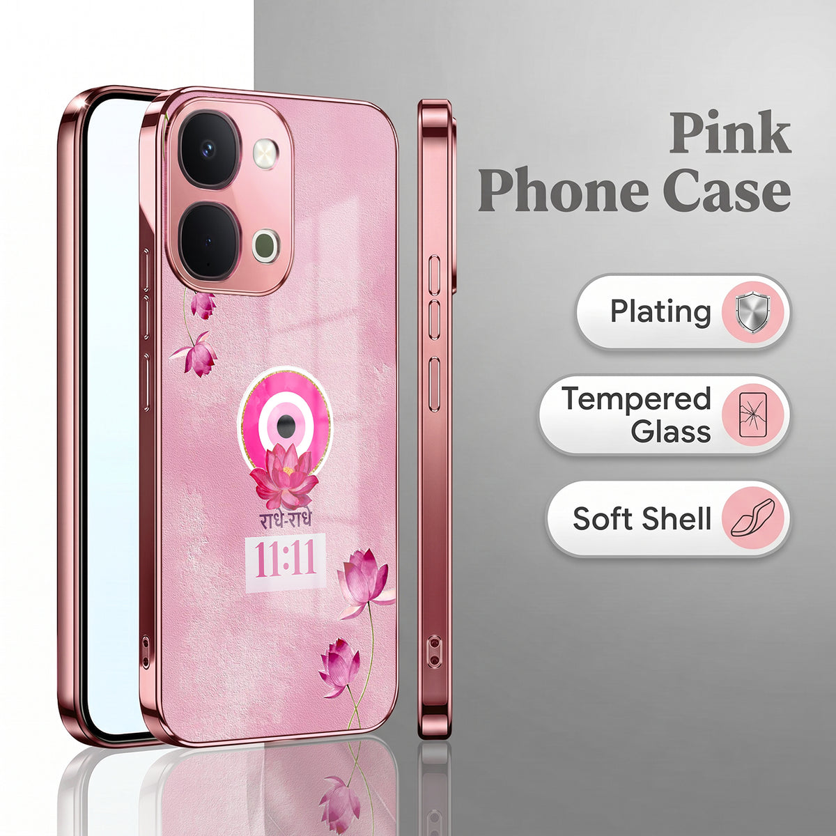 Vivo T5x 5G Luxury Radhe Radhe 11:11 Pink Electroplated Glass Phone Back Case