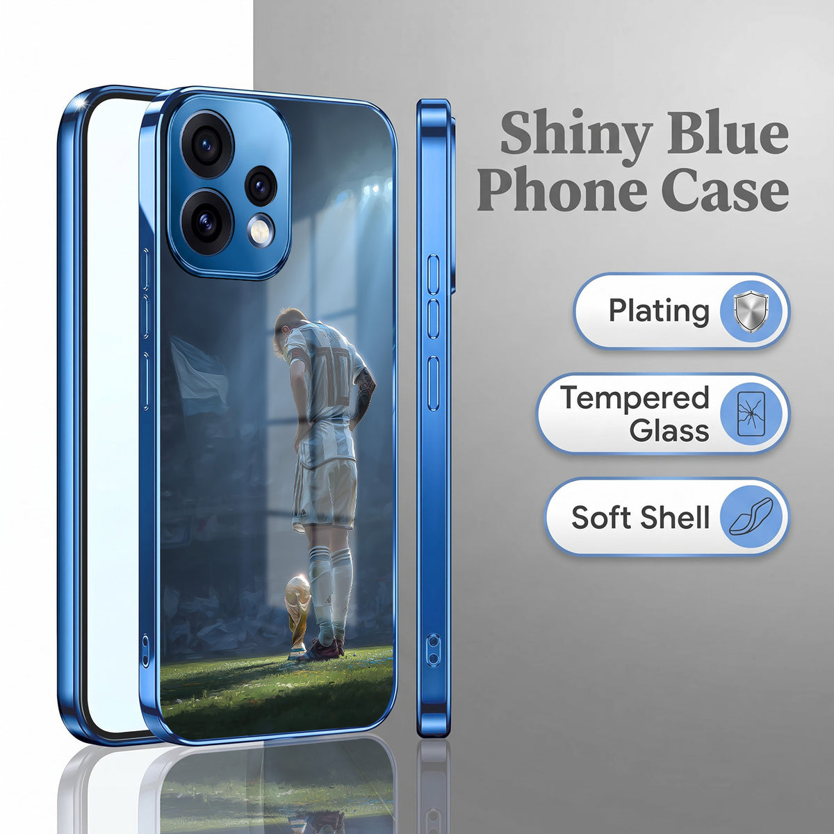 Oppo Reno 15 5G Football Champion Blue Electroplated Glass Phone Back Case