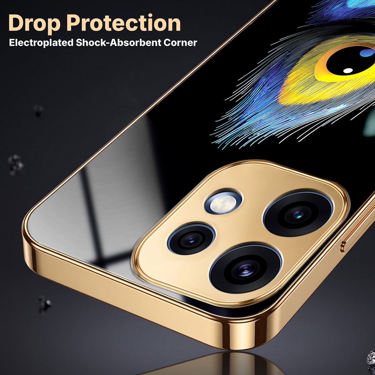 Oppo Reno 16 5G Multi-Feather Peacock Gold Electroplated Glass Phone Back Case
