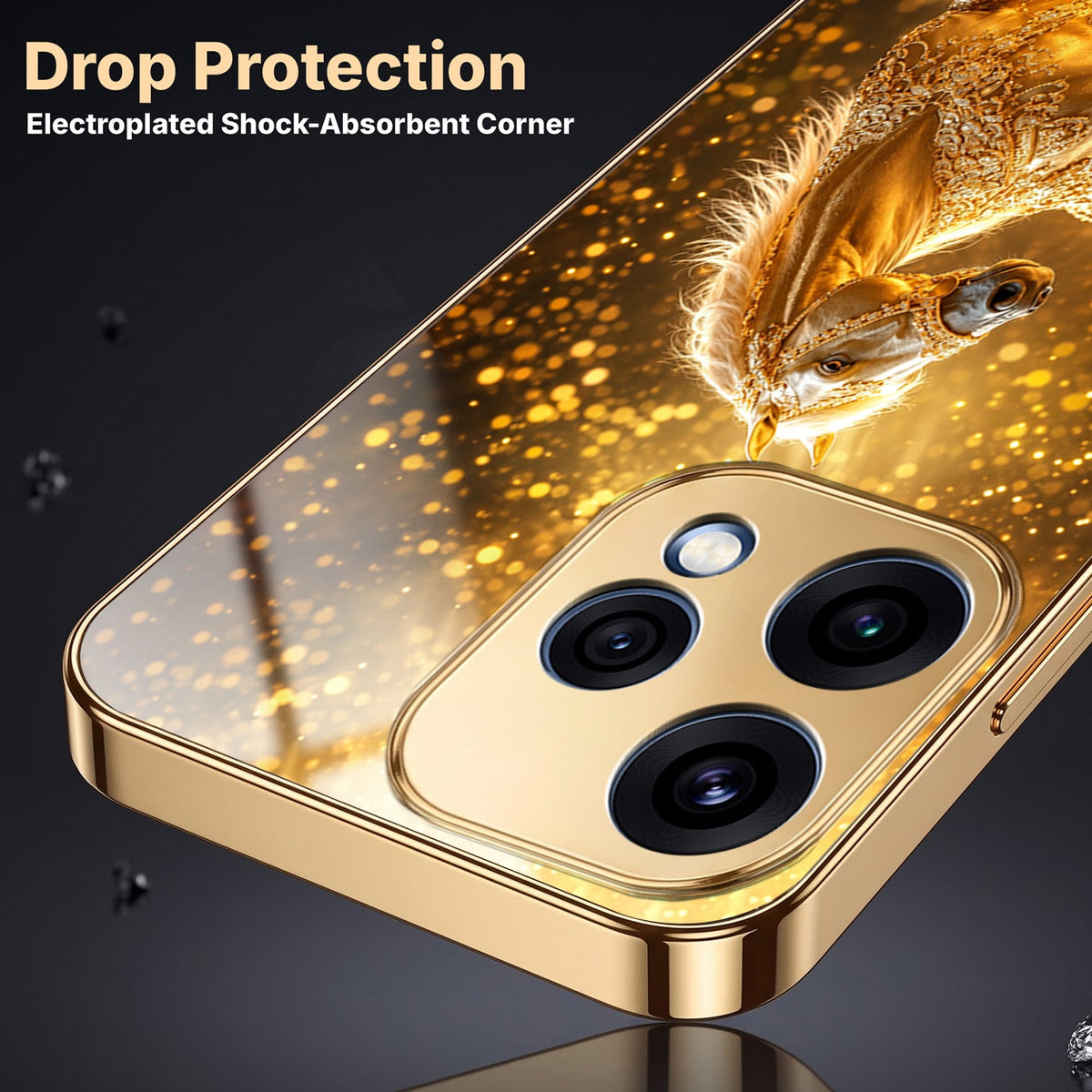 Oppo Reno 15 5G Golden Horse Sparkle Gold Electroplated Glass Phone Back Case
