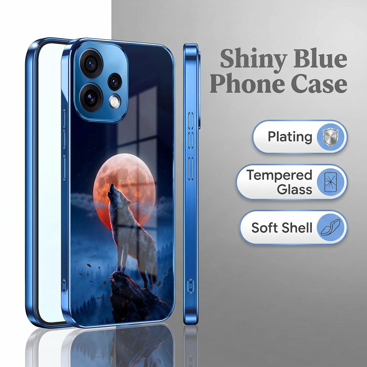 Oppo Reno 15 5G Lunar Wolf Blue Electroplated Glass Phone Back Case