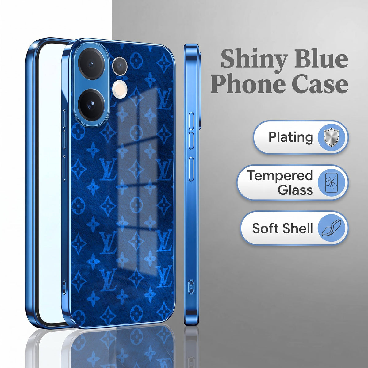 Vivo V60 5G Luxury Monogram Blue Electroplated Glass Phone Back Case