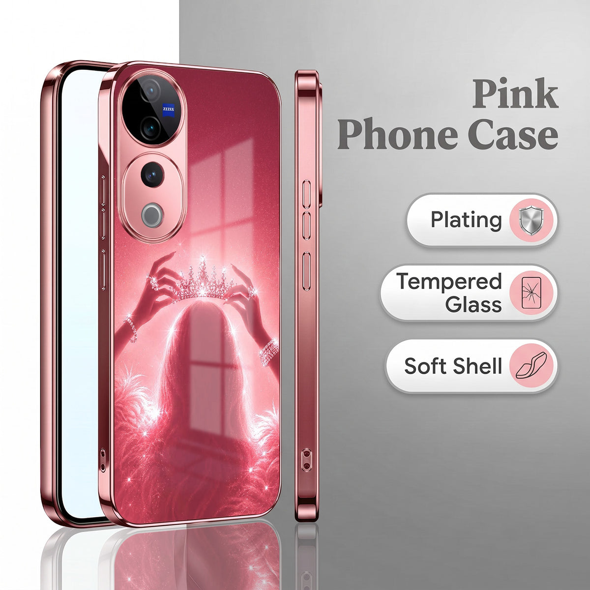 Vivo V40 Pro 5G Luxury Crown Queen Pink Electroplated Glass Phone Back Case